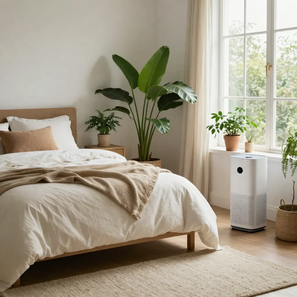 Bedroom corner with layered natural textures